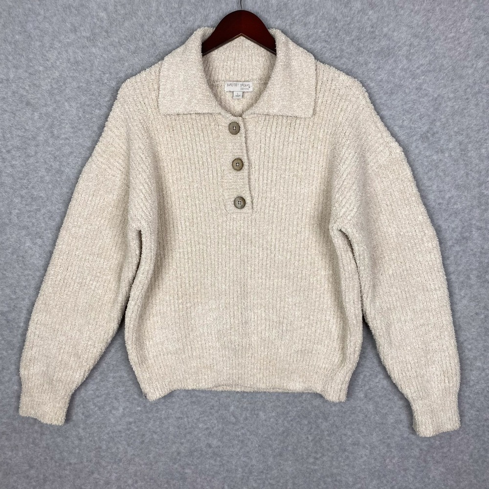 Barefoot‎ Dreams Womens L Heathered Stone Cream CozyChic Button Pullover